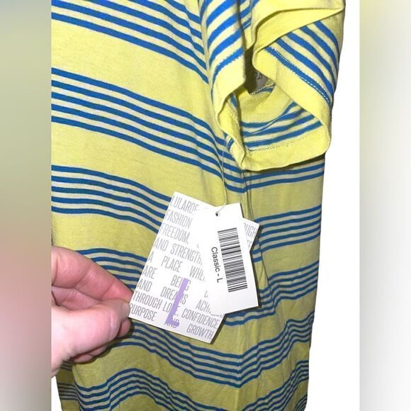 LuLaRoe Women’s Large Yellow w/Blue Stripes Classic Tee Blouse Coastal Comfy - Picture 12 of 16